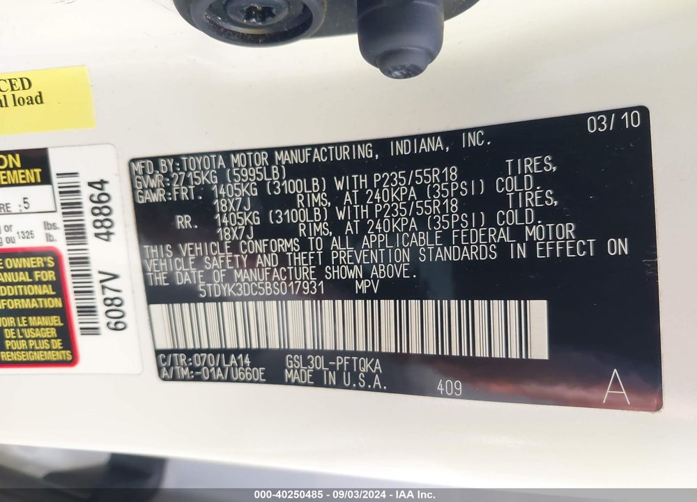 2011 TOYOTA SIENNA LIMITED V6 VIN: 5TDYK3DC5BS017931