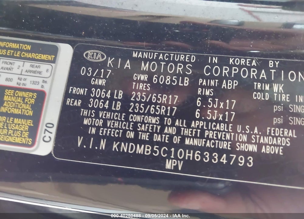 2017 KIA SEDONA LX VIN: KNDMB5C10H6334793
