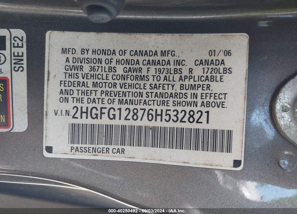 2006 HONDA CIVIC EX VIN: 2HGFG12876H532821