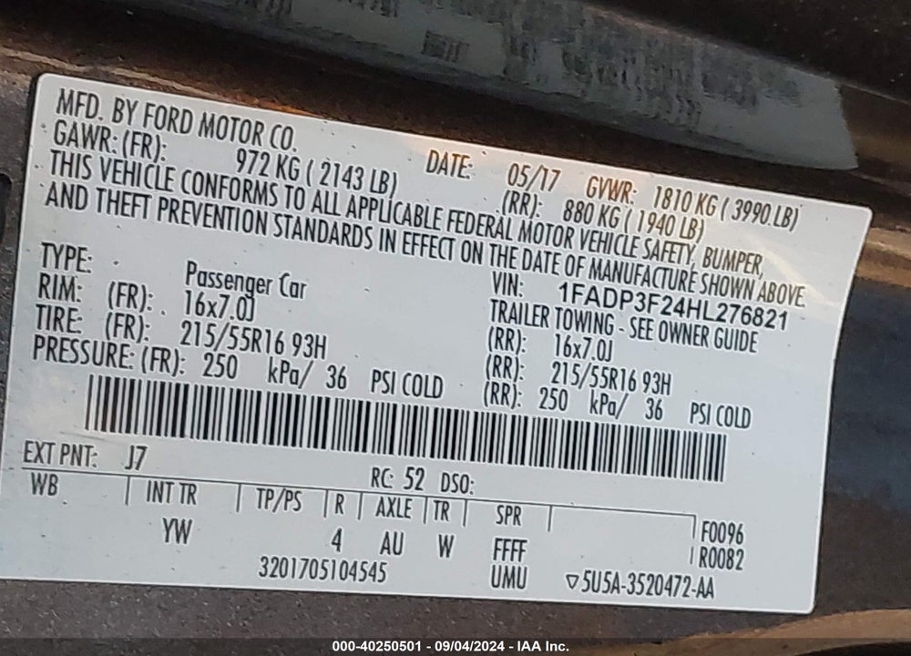 2017 FORD FOCUS SE VIN: 1FADP3F24HL276821