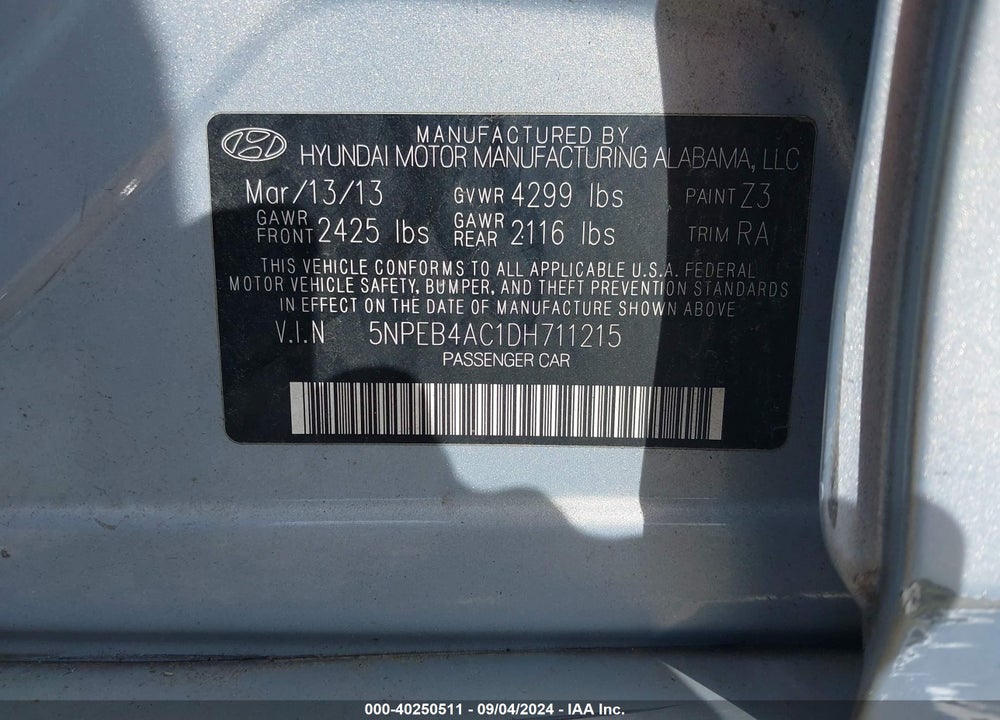 2013 HYUNDAI SONATA GLS VIN: 5NPEB4AC1DH711215
