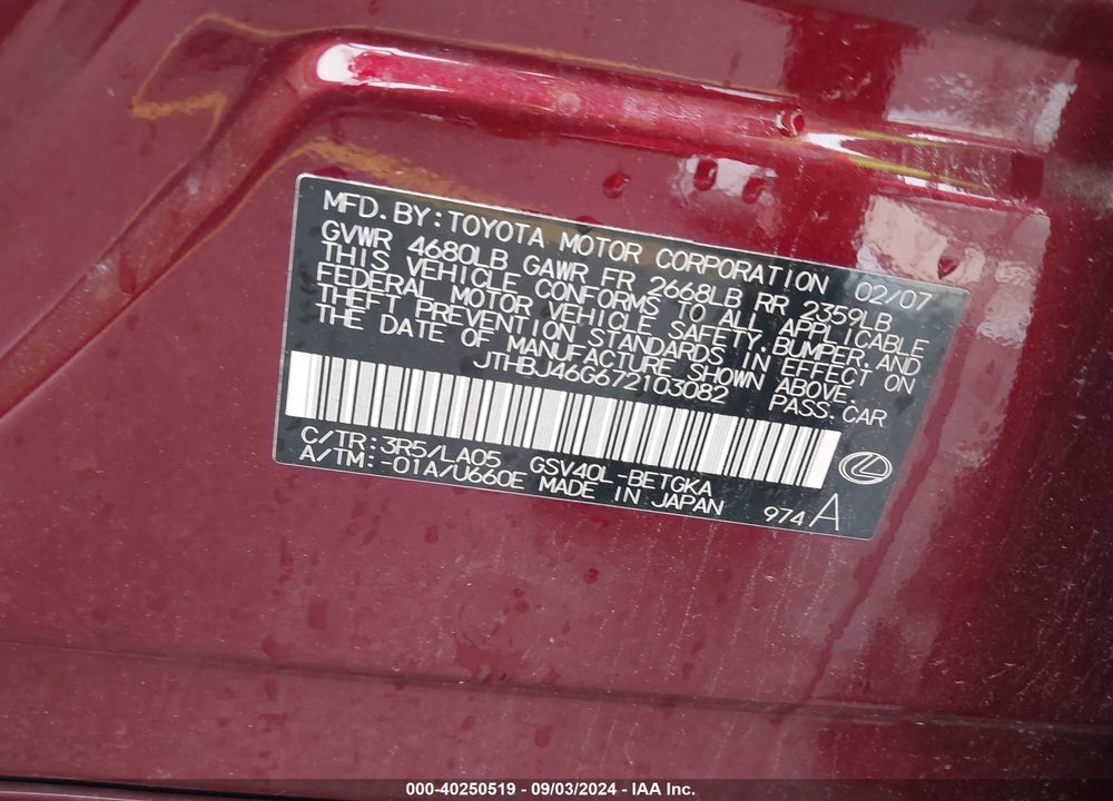 2007 LEXUS ES 350 VIN: JTHBJ46G672103082
