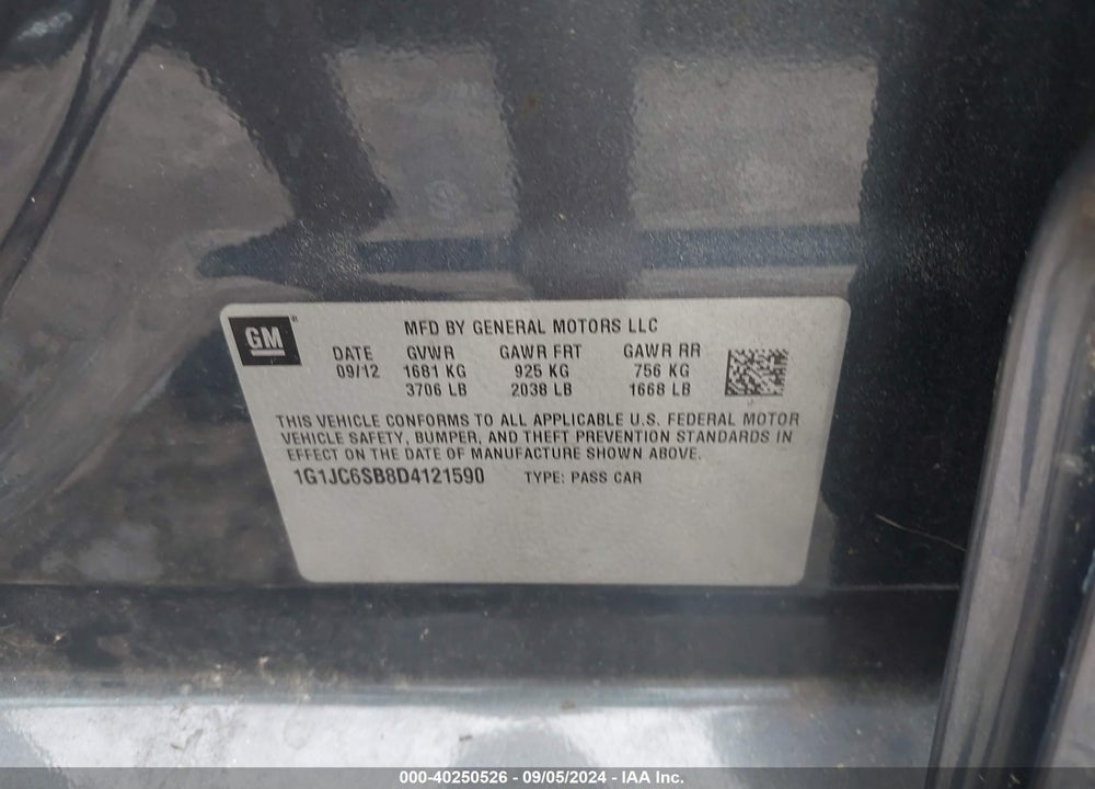 2013 CHEVROLET SONIC LT AUTO VIN: 1G1JC6SB8D4121590