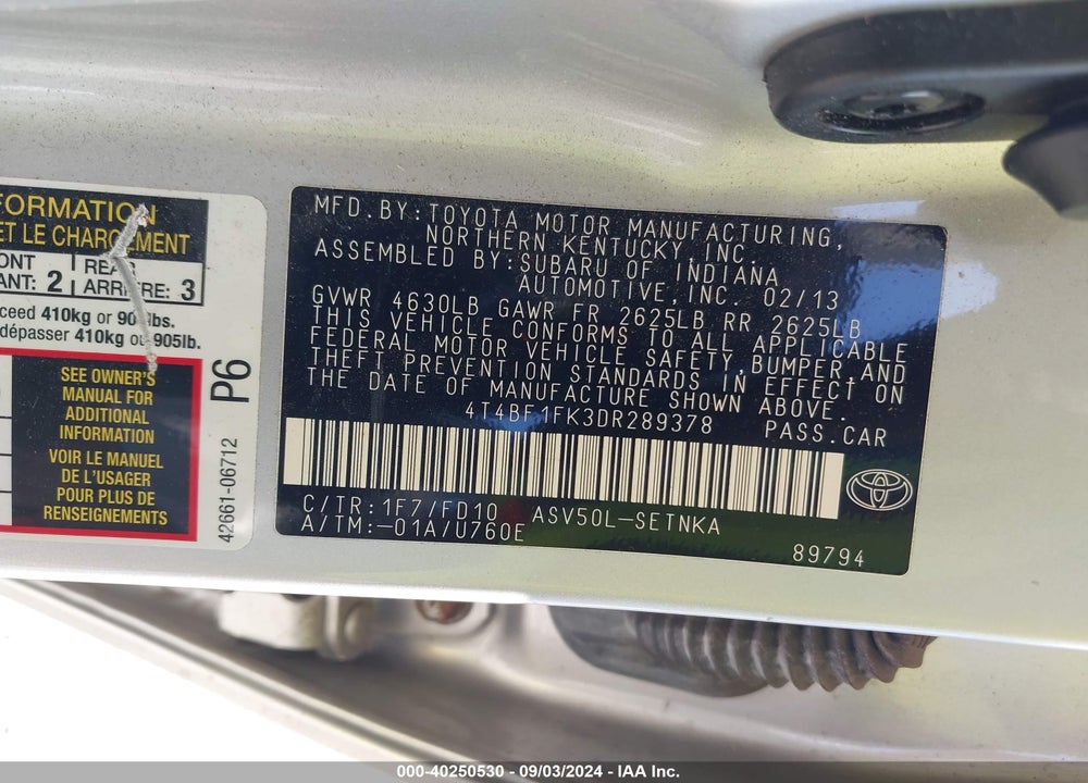 2013 TOYOTA CAMRY LE VIN: 4T4BF1FK3DR289378