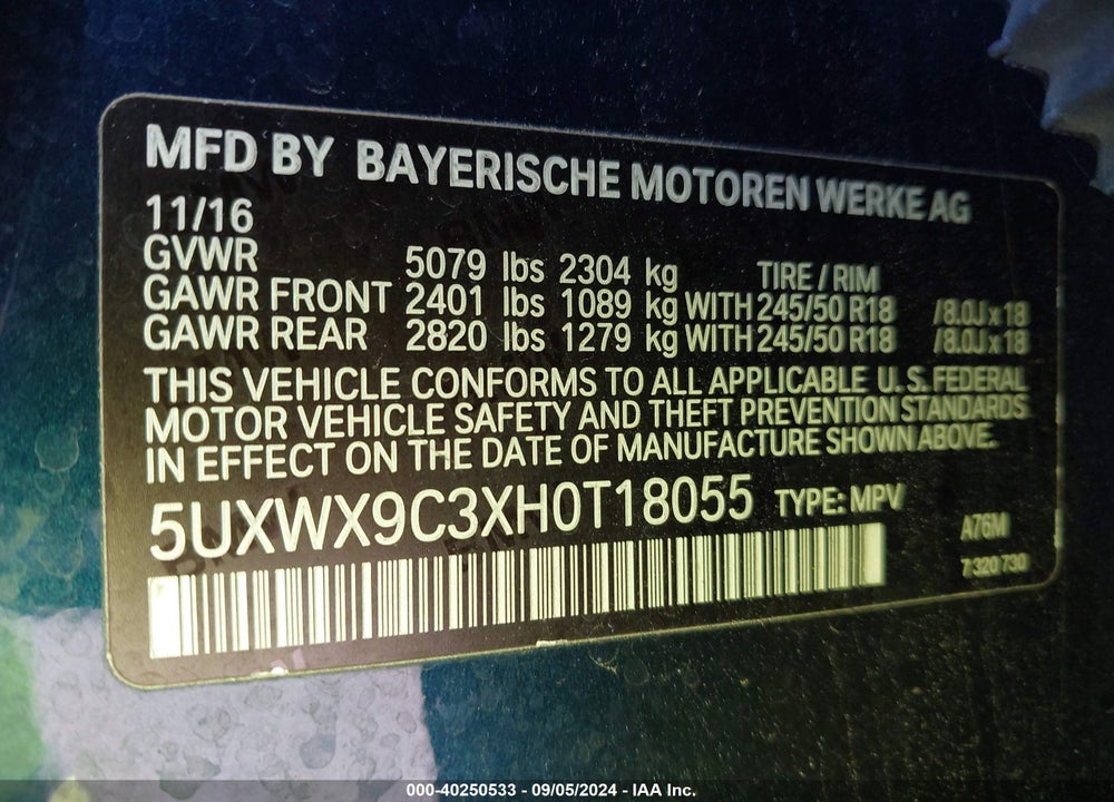 2017 BMW X3 XDRIVE28I VIN: 5UXWX9C3XH0T18055