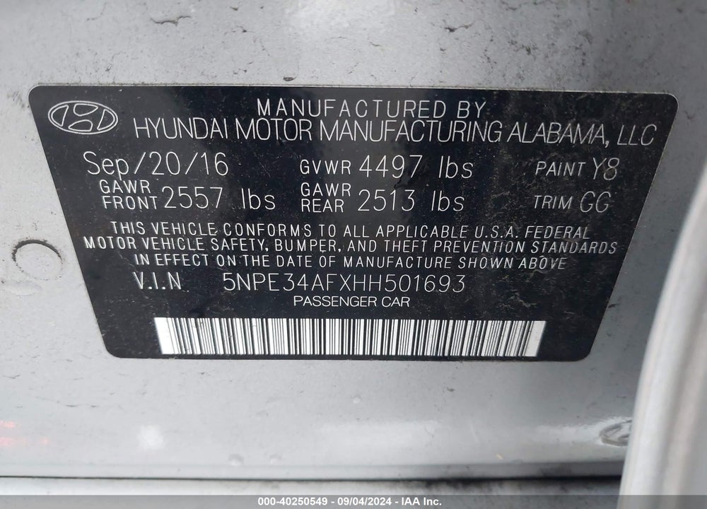 2017 HYUNDAI SONATA LIMITED VIN: 5NPE34AFXHH501693