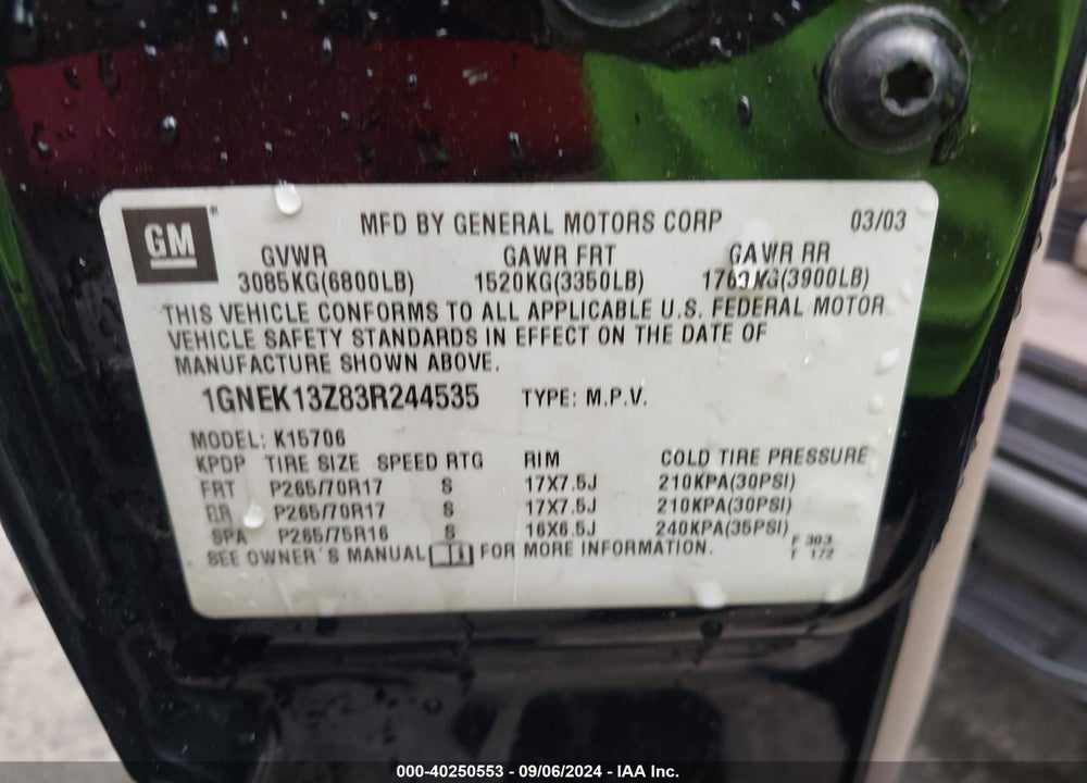 2003 CHEVROLET TAHOE Z71 VIN: 1GNEK13Z83R244535