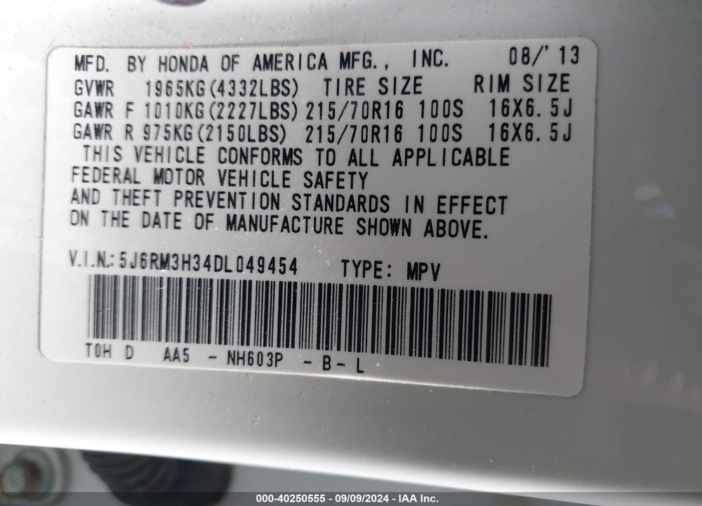 2013 HONDA CR-V LX VIN: 5J6RM3H34DL049454