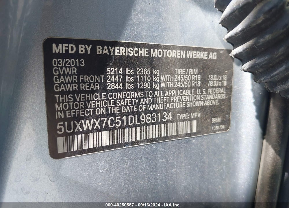2013 BMW X3 XDRIVE35I VIN: 5UXWX7C51DL983134