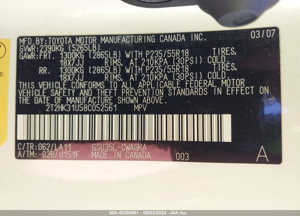 2008 LEXUS RX 350 VIN: 2T2HK31U58C052561