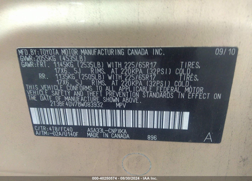 2011 TOYOTA RAV4 VIN: 2T3BF4DV7BW083932