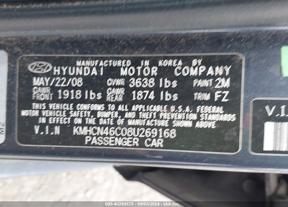 2008 HYUNDAI ACCENT VIN: KMHCN46C08U269168