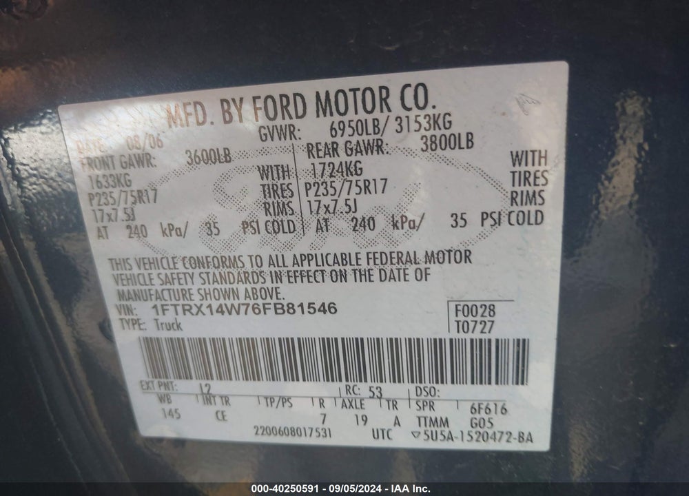 2006 FORD F-150 STX/XL/XLT VIN: 1FTRX14W76FB81546
