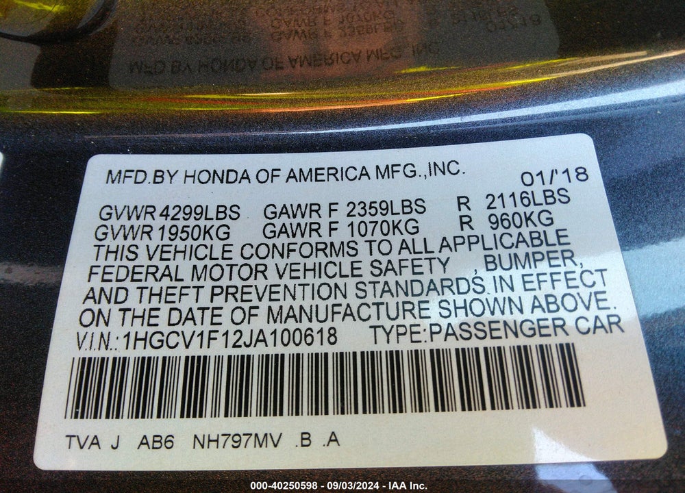 2018 HONDA ACCORD LX VIN: 1HGCV1F12JA100618