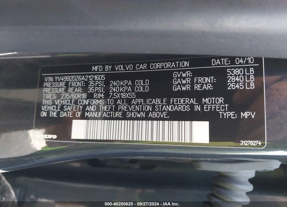2010 VOLVO XC60 T6/T6 R-DESIGN VIN: YV4992DZ6A2121605
