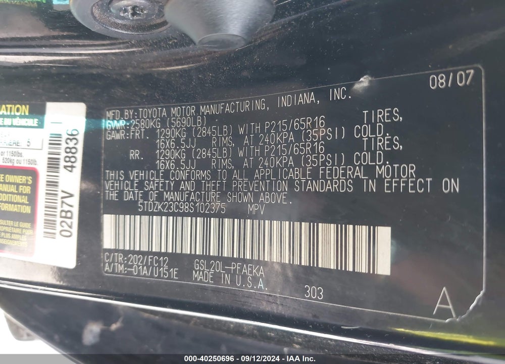 2008 TOYOTA SIENNA LE VIN: 5TDZK23C98S102375