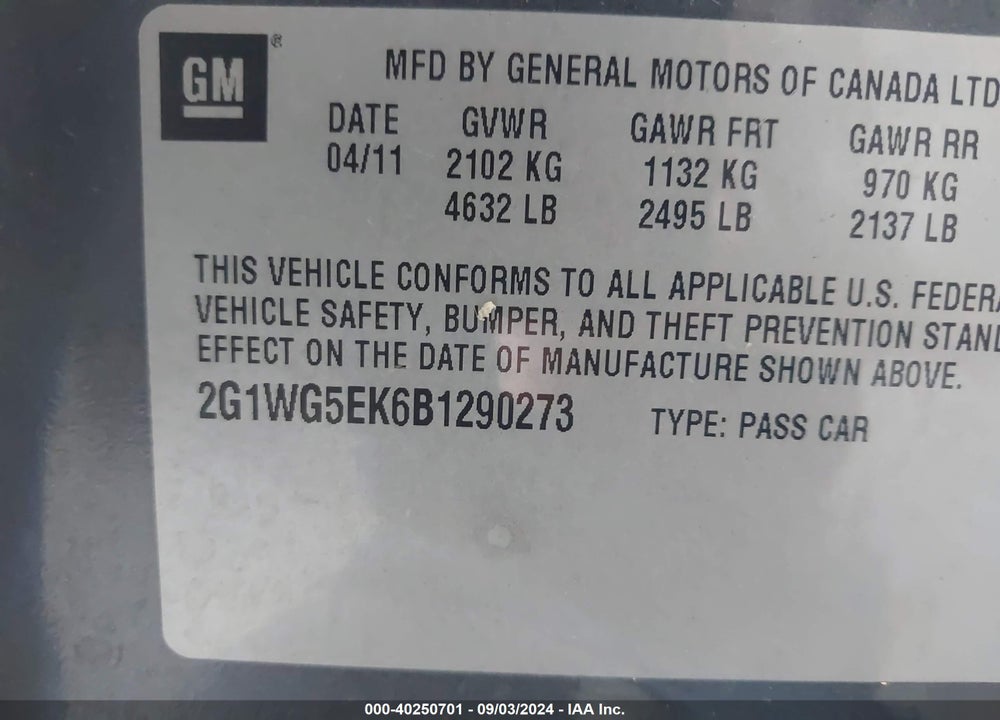 2011 CHEVROLET IMPALA LT VIN: 2G1WG5EK6B1290273