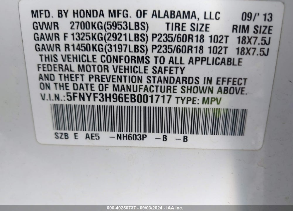 2014 HONDA PILOT TOURING VIN: 5FNYF3H96EB001717