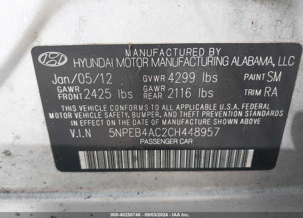 2012 HYUNDAI SONATA GLS VIN: 5NPEB4AC2CH448957