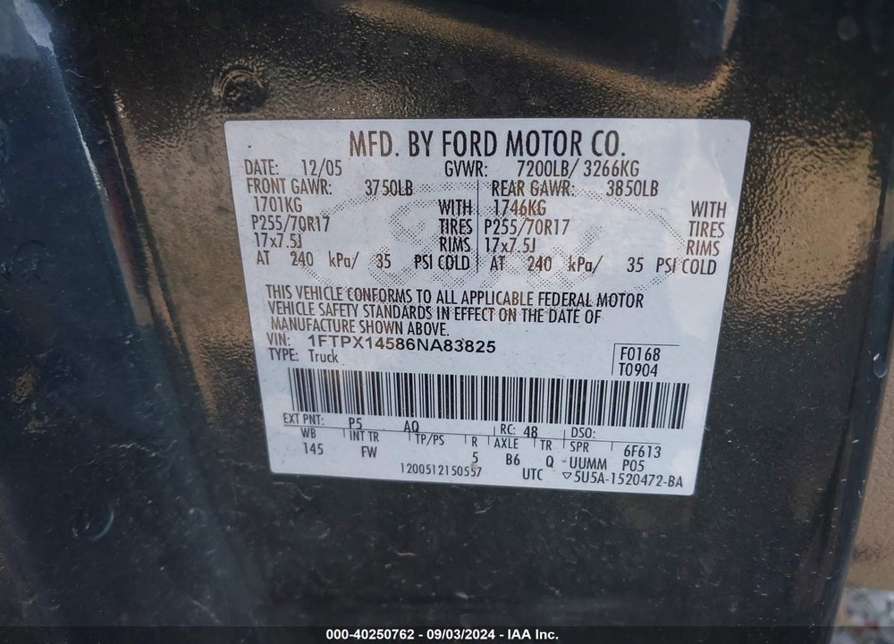 2006 FORD F-150 FX4/LARIAT/XL/XLT VIN: 1FTPX14586NA83825