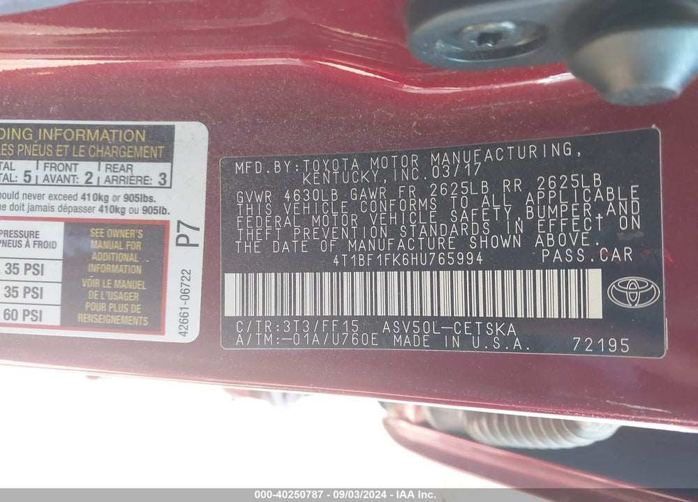 2017 TOYOTA CAMRY SE VIN: 4T1BF1FK6HU765994