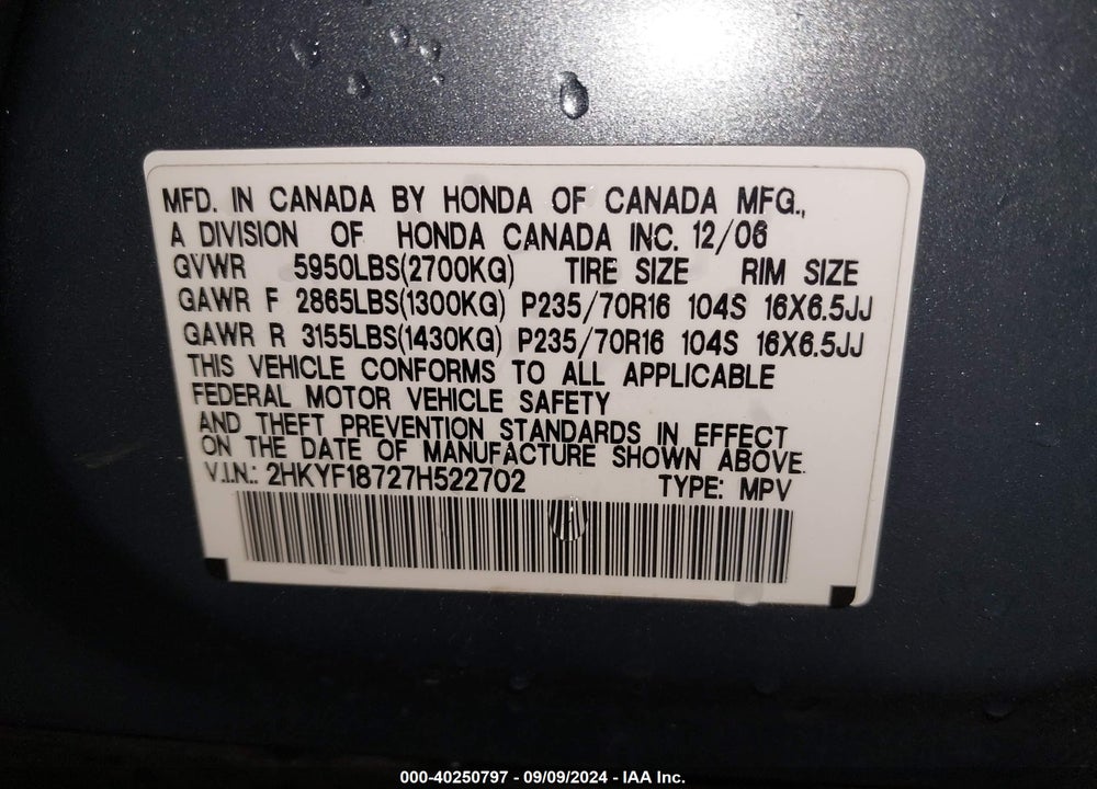 2007 HONDA PILOT VIN: 2HKYF18727H522702