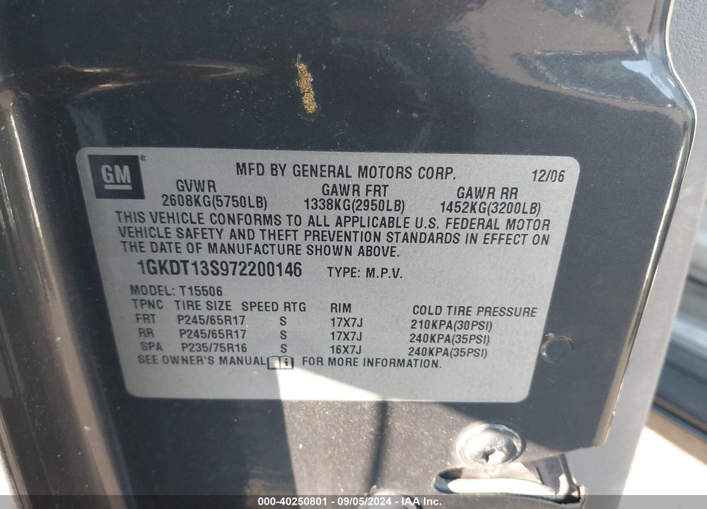 2007 GMC ENVOY SLE VIN: 1GKDT13S972200146