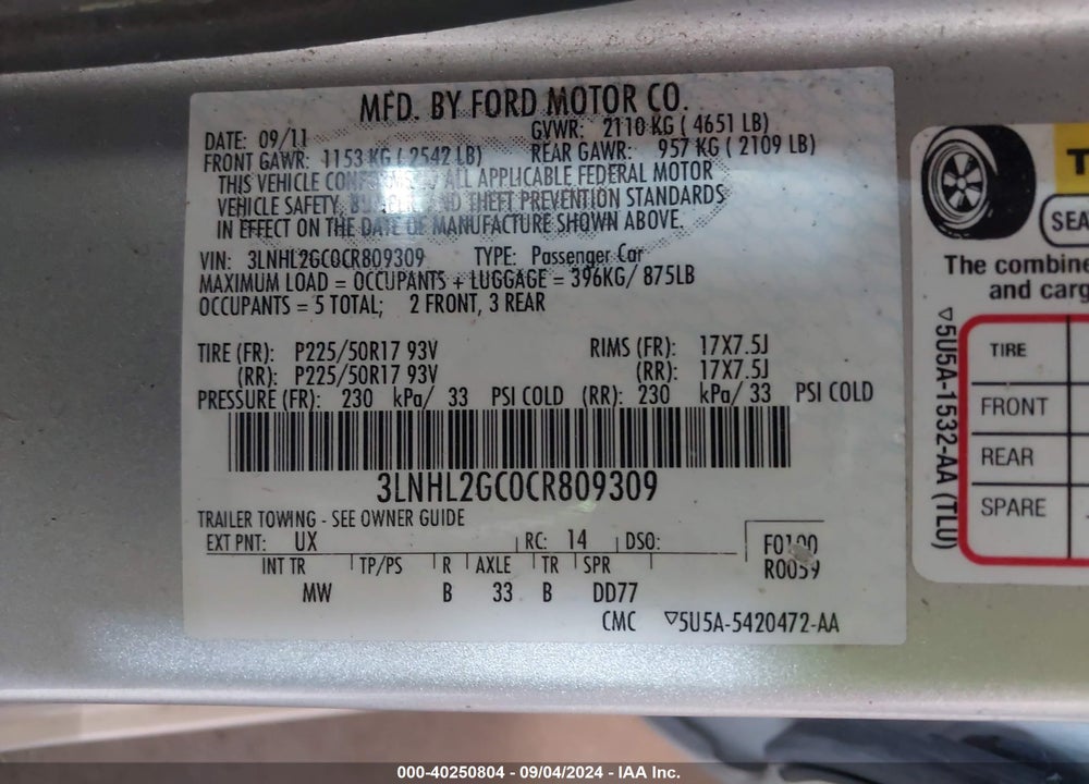 2012 LINCOLN MKZ VIN: 3LNHL2GC0CR809309