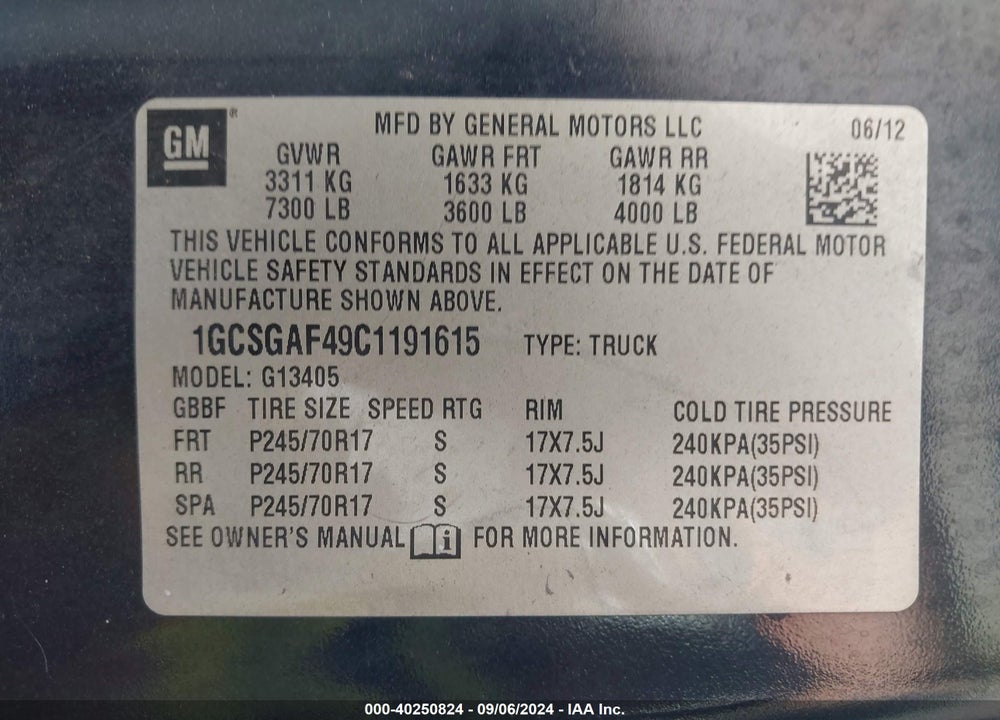 2012 CHEVROLET EXPRESS 1500 WORK VAN VIN: 1GCSGAF49C1191615