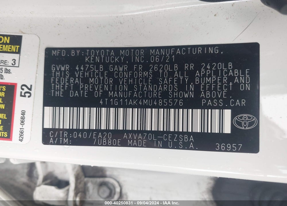 2021 TOYOTA CAMRY SE VIN: 4T1G11AK4MU485576