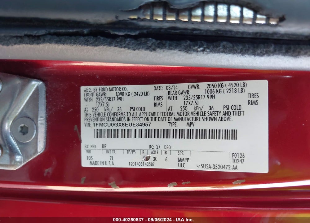 2014 FORD ESCAPE SE VIN: 1FMCU0GX8EUE34957