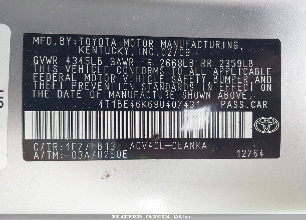 2009 TOYOTA CAMRY LE VIN: 4T1BE46K69U407431