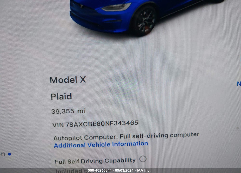 2022 TESLA MODEL X PLAID TRI MOTOR ALL-WHEEL DRIVE VIN: 7SAXCBE60NF343465
