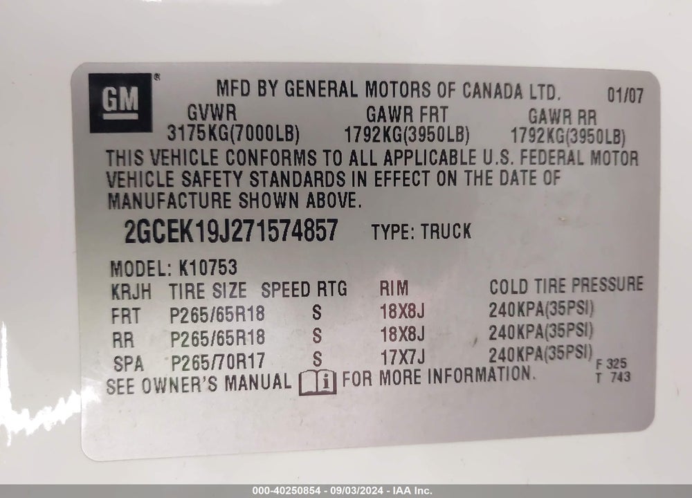 2007 CHEVROLET SILVERADO 1500 LT2 VIN: 2GCEK19J271574857