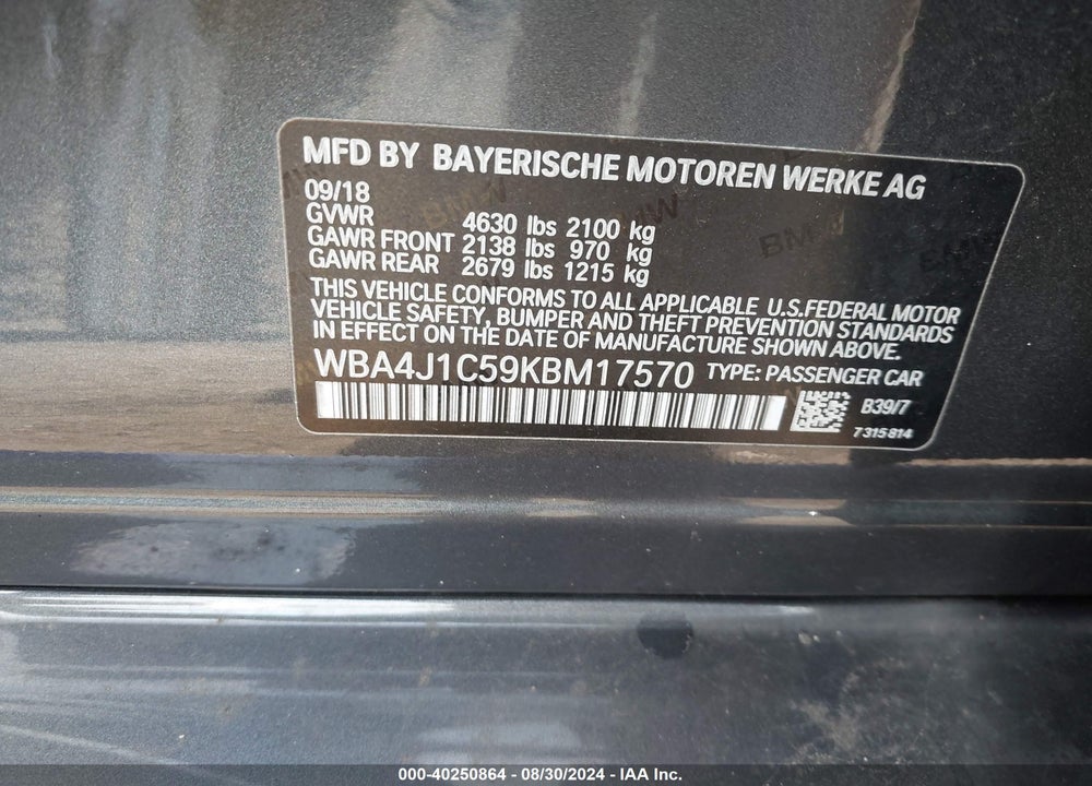 2019 BMW 430I GRAN COUPE VIN: WBA4J1C59KBM17570