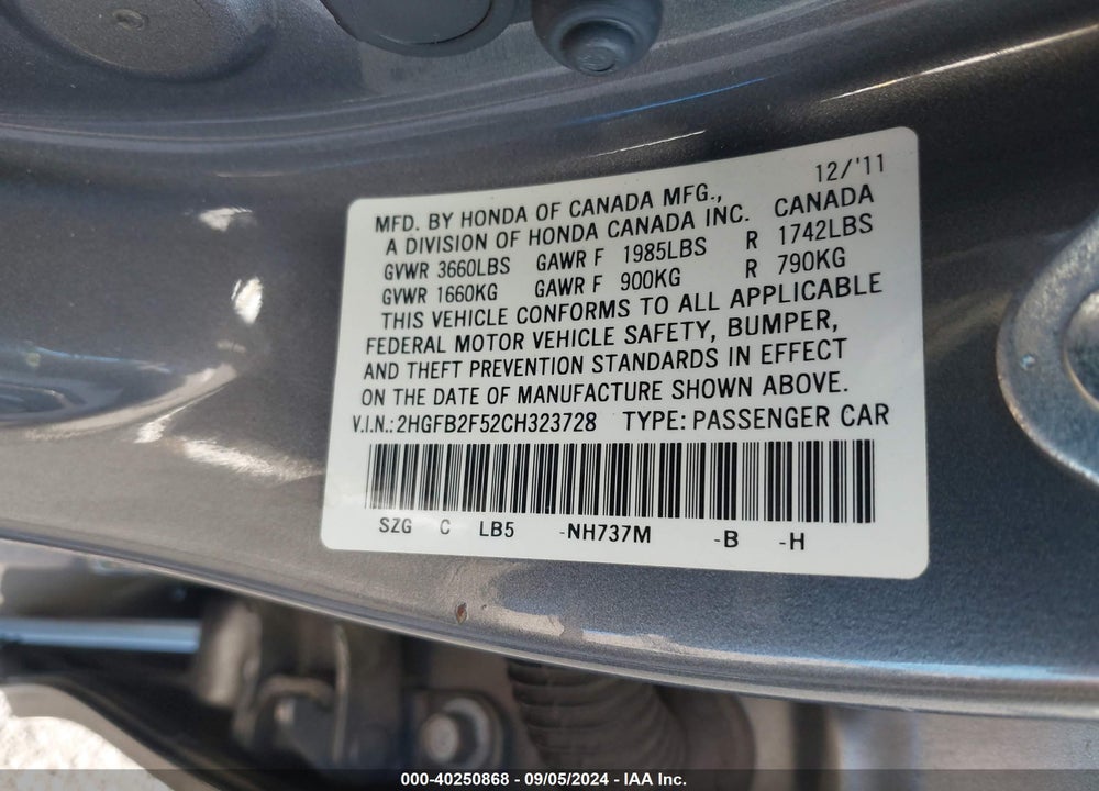 2012 HONDA CIVIC LX VIN: 2HGFB2F52CH323728