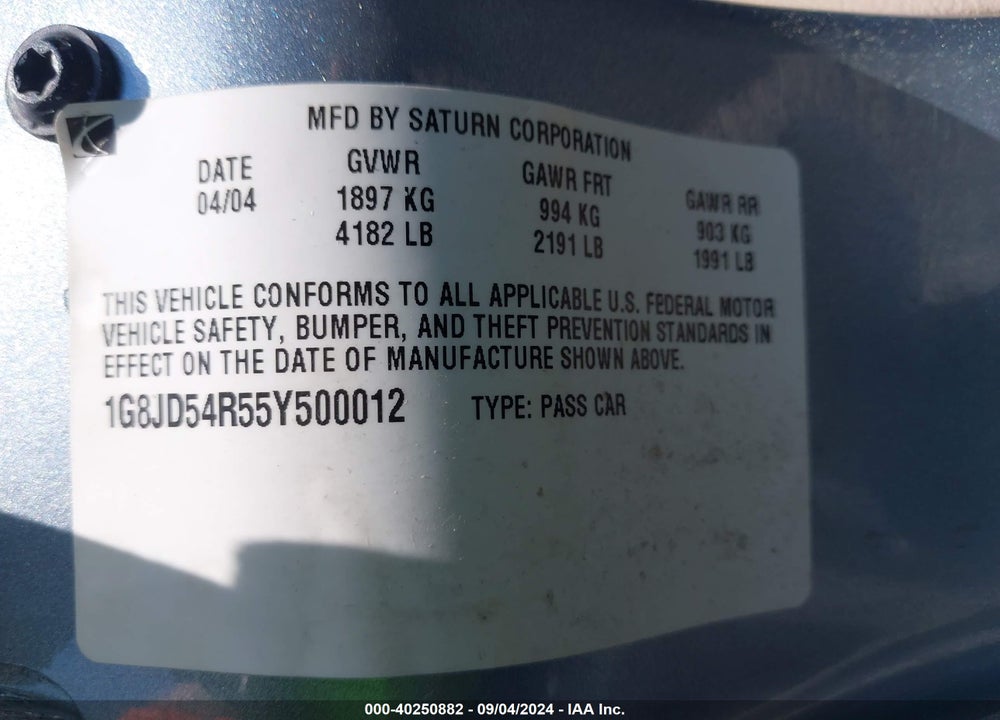 2005 SATURN L300 VIN: 1G8JD54R55Y500012