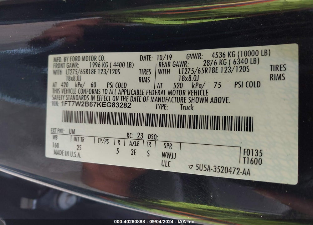 2019 FORD F-250 XLT VIN: 1FT7W2B67KEG83282