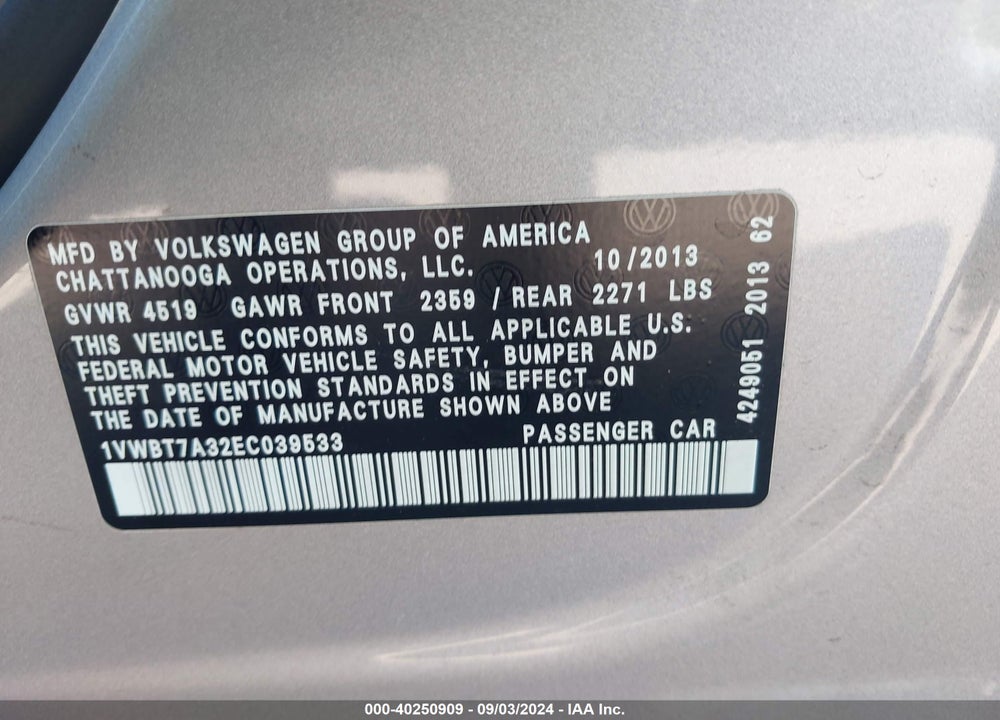 2014 VOLKSWAGEN PASSAT 1.8T SE VIN: 1VWBT7A32EC039533