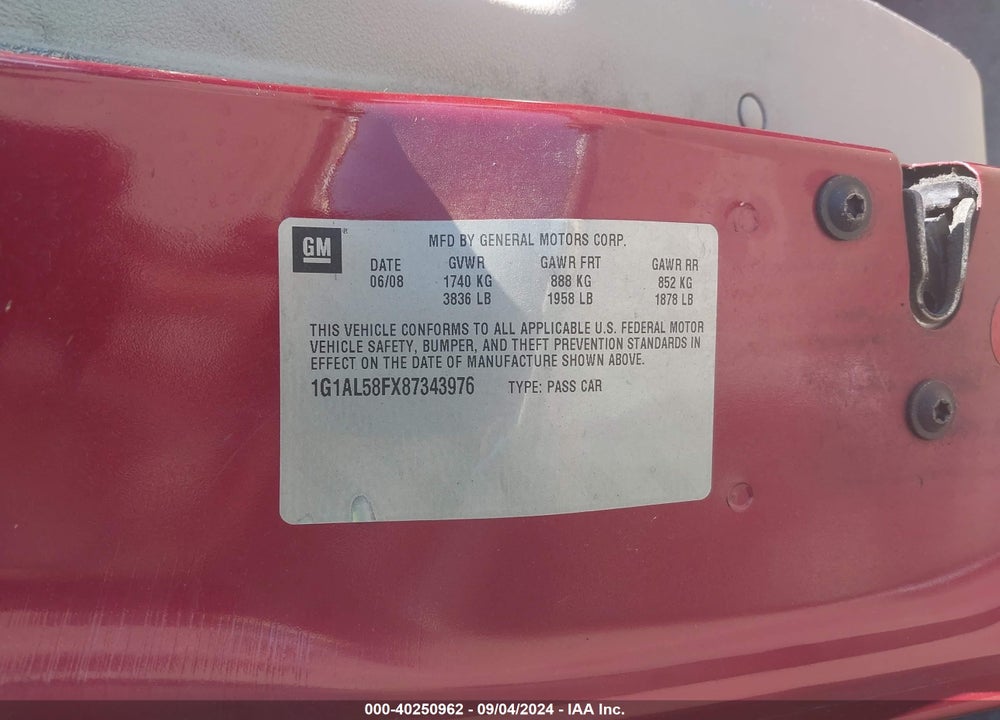 2008 CHEVROLET COBALT LT VIN: 1G1AL58FX87343976