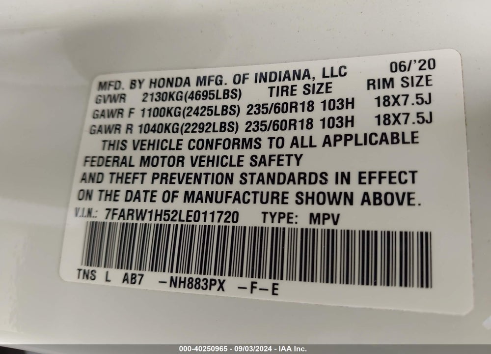 2020 HONDA CR-V 2WD EX VIN: 7FARW1H52LE011720