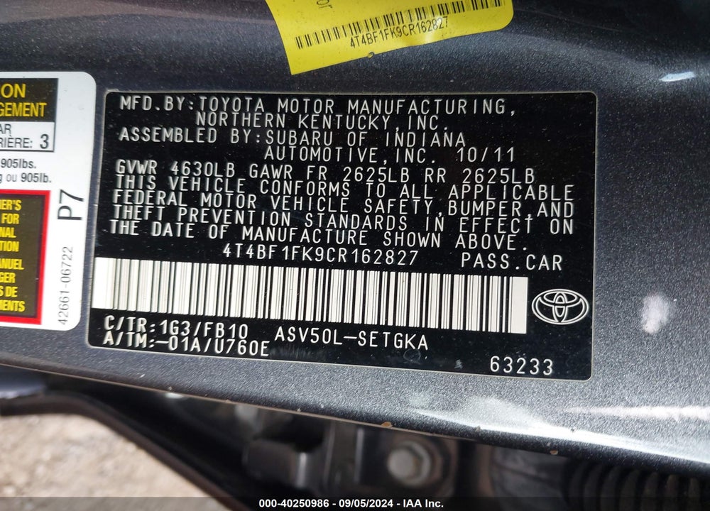 2012 TOYOTA CAMRY XLE VIN: 4T4BF1FK9CR162827