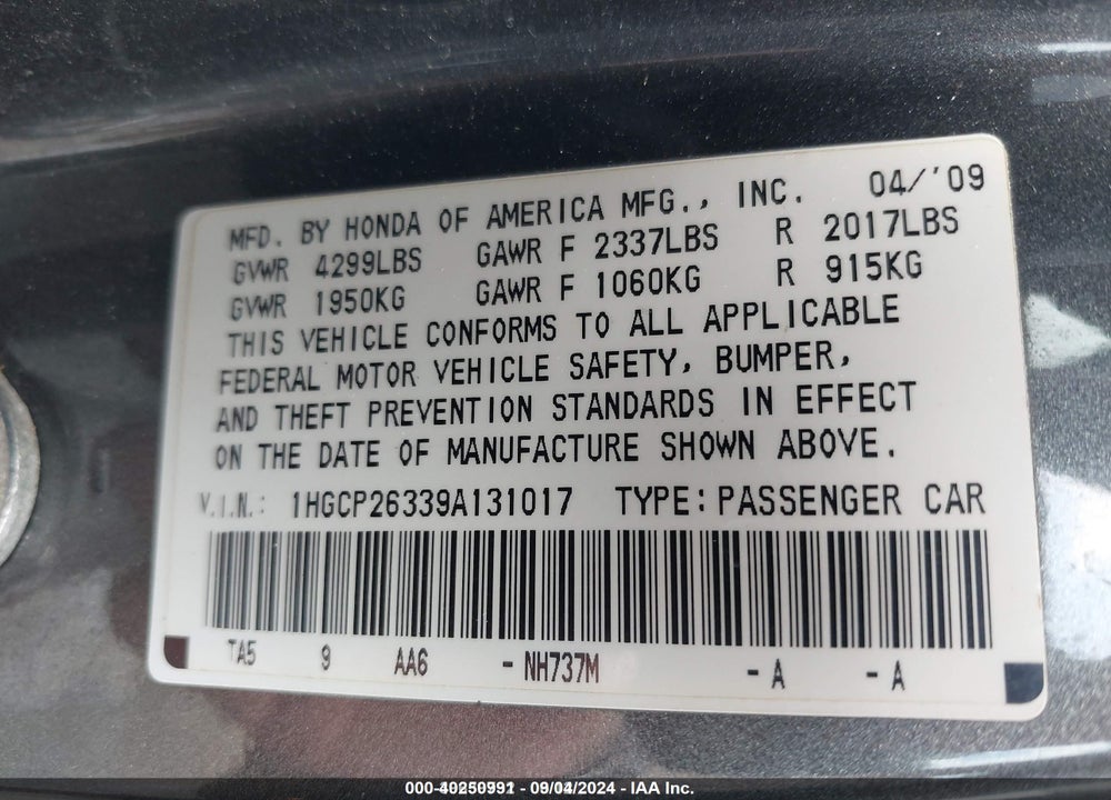 2009 HONDA ACCORD 2.4 LX VIN: 1HGCP26339A131017