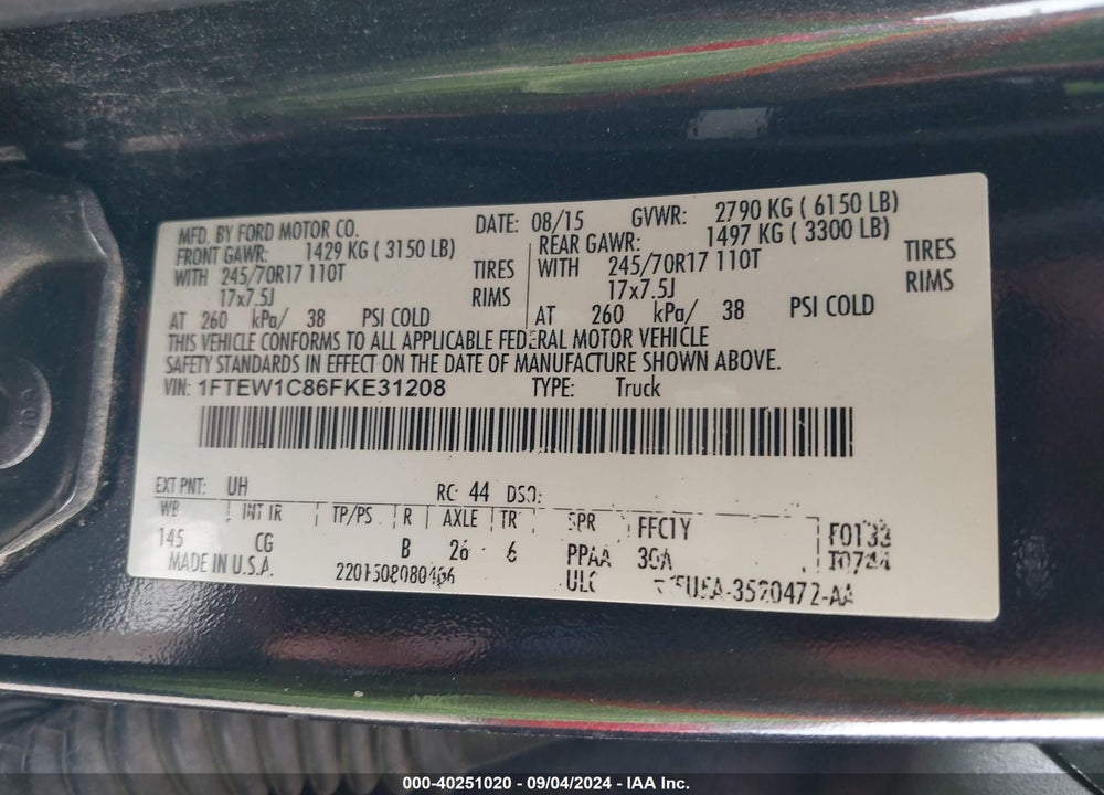 2015 FORD F-150 XL VIN: 1FTEW1C86FKE31208