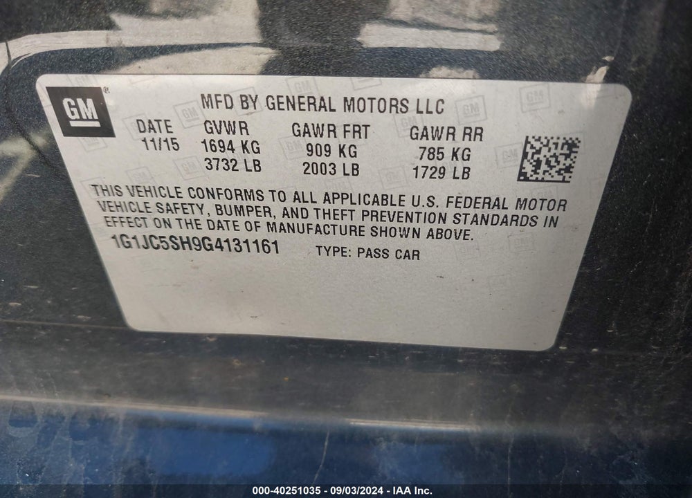 2016 CHEVROLET SONIC LT AUTO VIN: 1G1JC5SH9G4131161