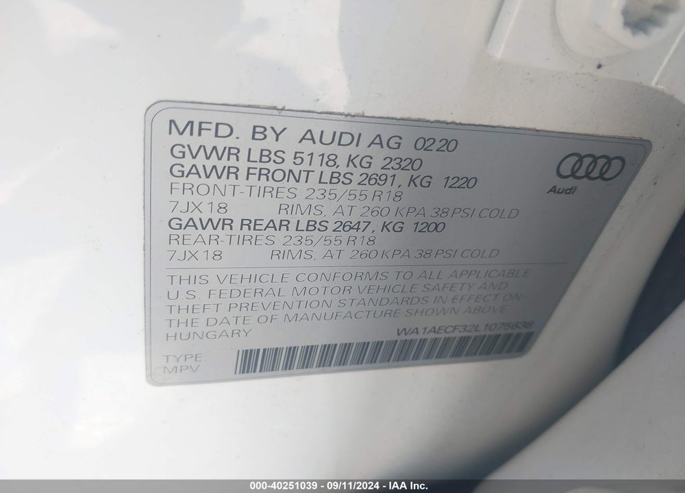 2020 AUDI Q3 PREMIUM 45 TFSI QUATTRO TIPTRONIC VIN: WA1AECF32L1075638