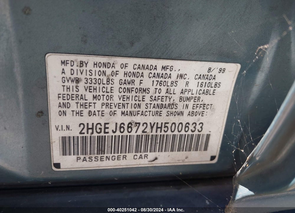 2000 HONDA CIVIC LX VIN: 2HGEJ6672YH500633