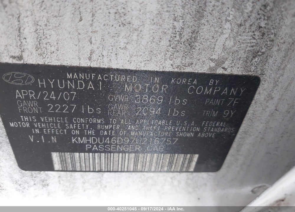 2007 HYUNDAI ELANTRA GLS/LIMITED/SE VIN: KMHDU46D97U216757