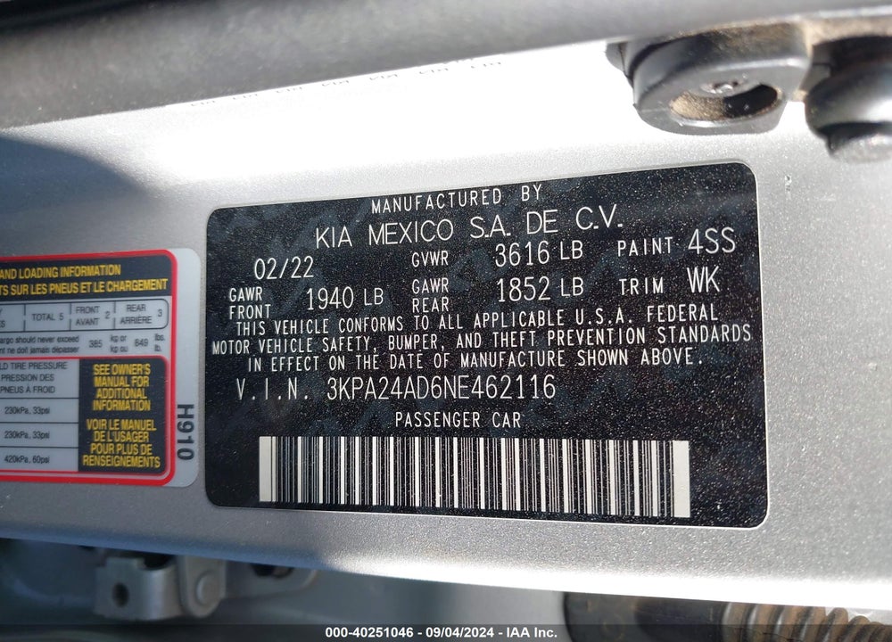 2022 KIA RIO S VIN: 3KPA24AD6NE462116