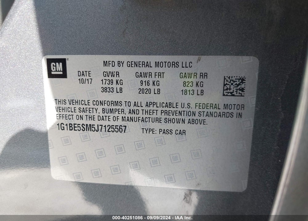 2018 CHEVROLET CRUZE LT AUTO VIN: 1G1BE5SM5J7125567